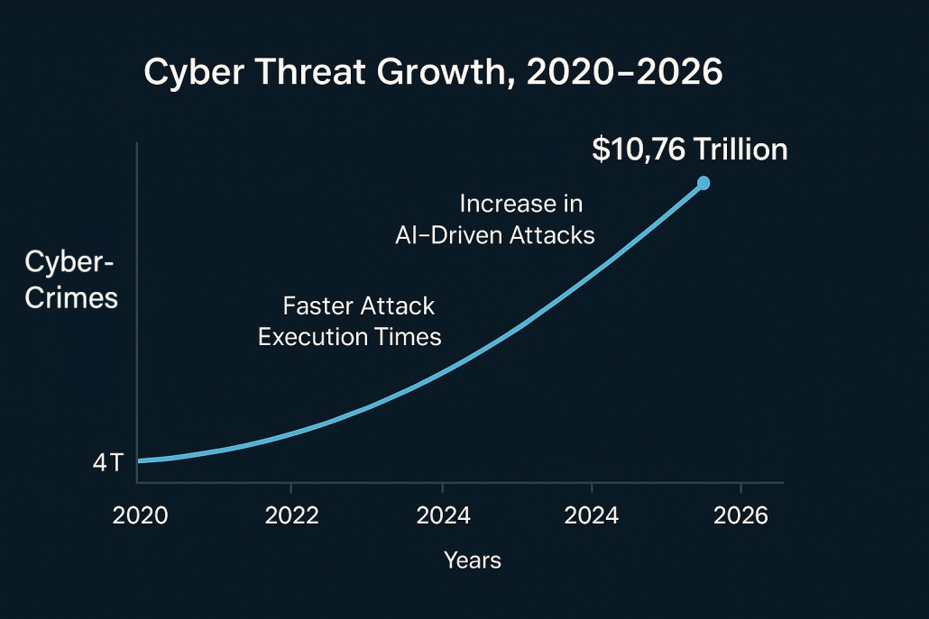 Line graph showing cyber threat growth from 2020 to 2026, highlighting rising cybercrime costs, faster AI-driven attack execution, and escalating risks impacting DoD cybersecurity hiring and cleared recruiters.