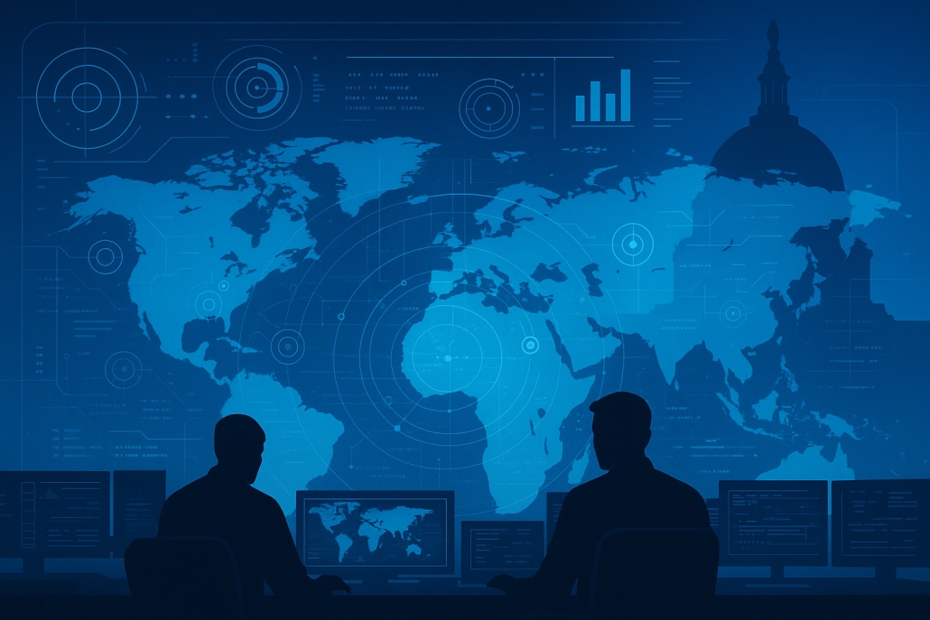 Silhouetted cyber analysts working in a government operations center with a digital world map and Capitol dome, representing the 2026 cleared cyber workforce crisis.
