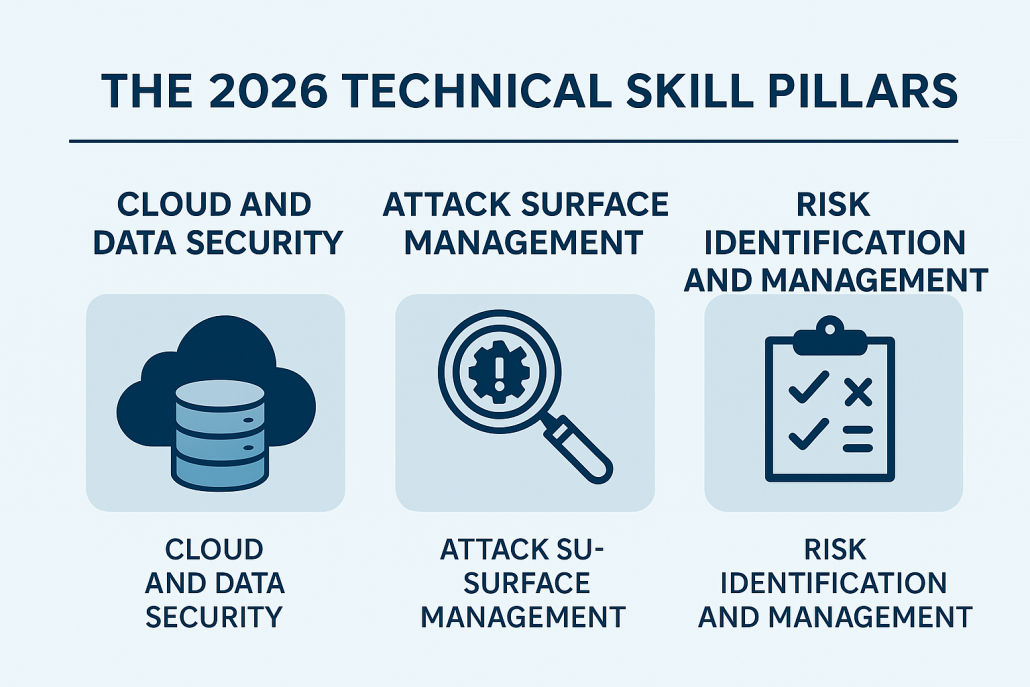 Infographic summarizing the 2026 cybersecurity technical skill pillars, including cloud and data security, attack surface management, and risk identification and management—key competencies driving demand for cleared cybersecurity professionals and affecting cleared recruiters.